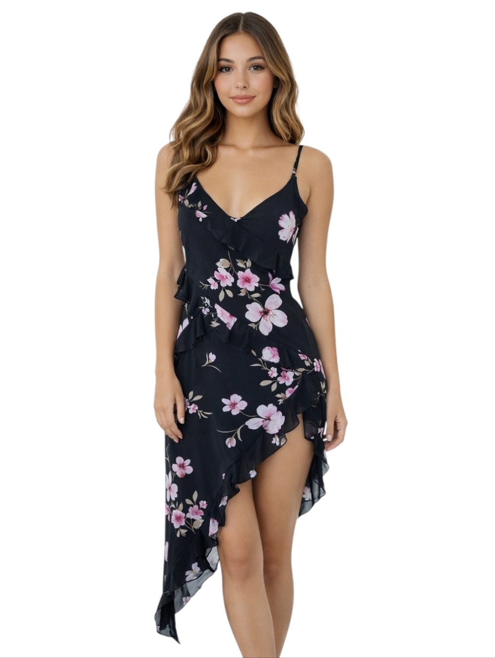 Streetwear Society Black Floral Asymmetrical Ruffle Slip Dress